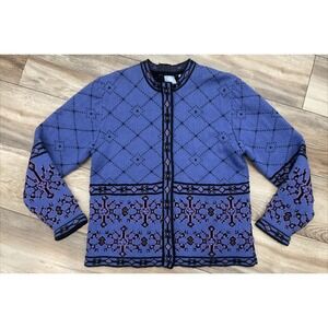 FROST WOMENS‎ FULL ZIP SWEATER 100% WOOL SNOW FLAKE PURPLE SIZE M